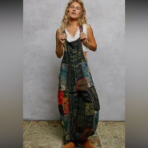 Boho Patchwork Wide-Leg Overalls - Multicolor